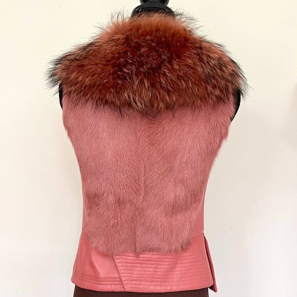NWOT Pink Leather Vest Real Fox Fur S size - Picture 5 of 16